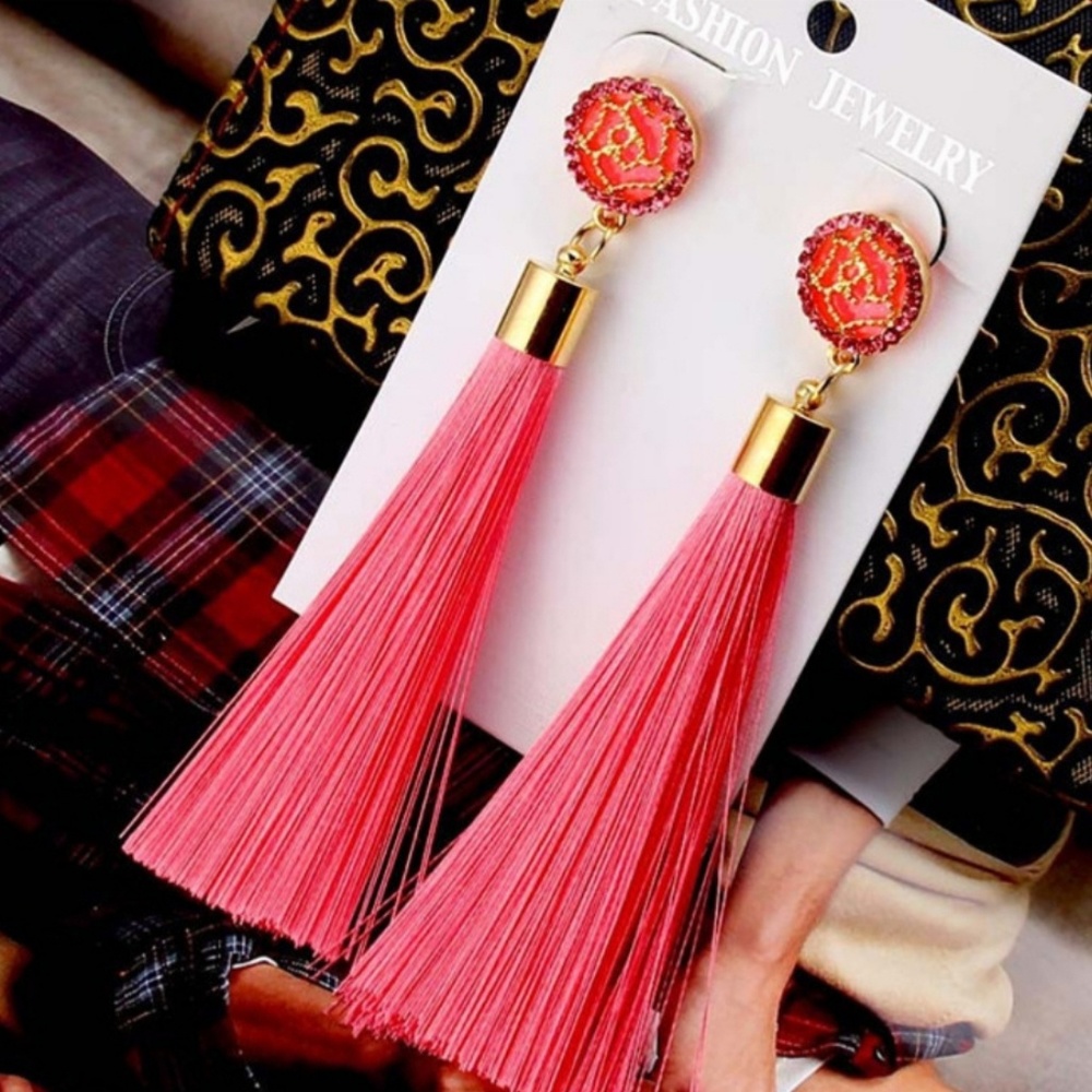 Womens Tassel Earrings in Pink